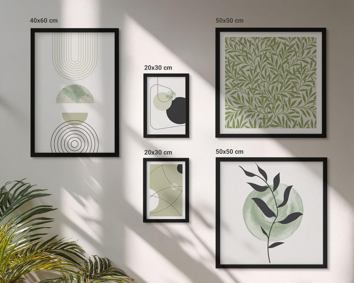 BILDER SET 5er Set - 50x50 cm & 20x30 cm & 40x60 cm Schwarzer Rahmen - Abstrakte Formen und Farben - Schwarz, Kunststoff (40/60cm) - TULUP