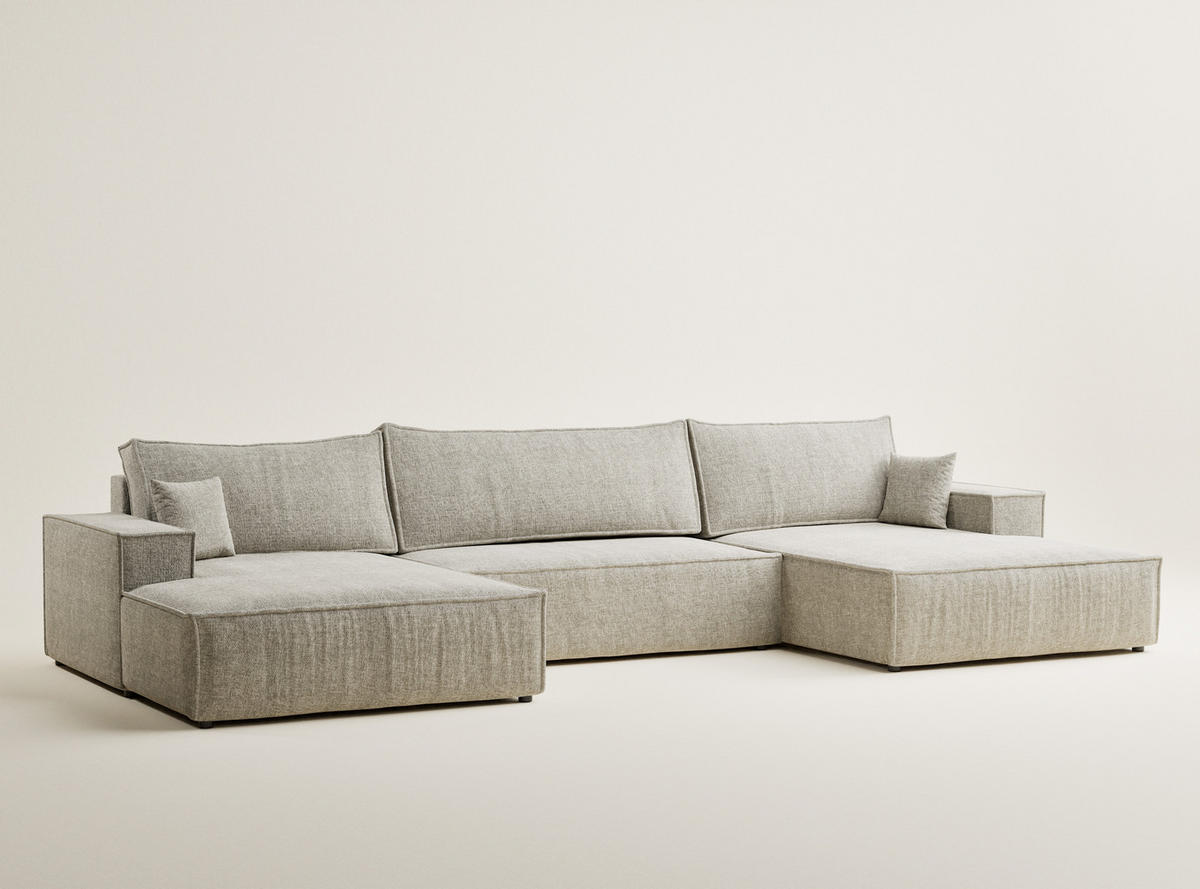 WOHNLANDSCHAFT Kyoto Beige Chenille-Stoff - Beige/Schwarz, Holz/Holzwerkstoff (398/70/148cm) - Maison de Reve