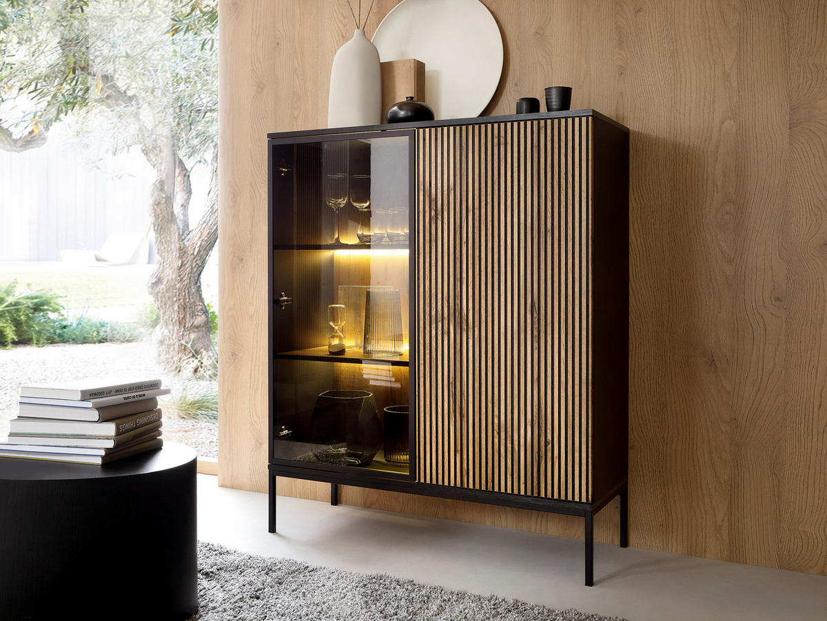 VITRINENSCHRANK 100 cm Haller, Led, Lamellen, Braun - Braun, Holz (104/126/39cm) - Emporius