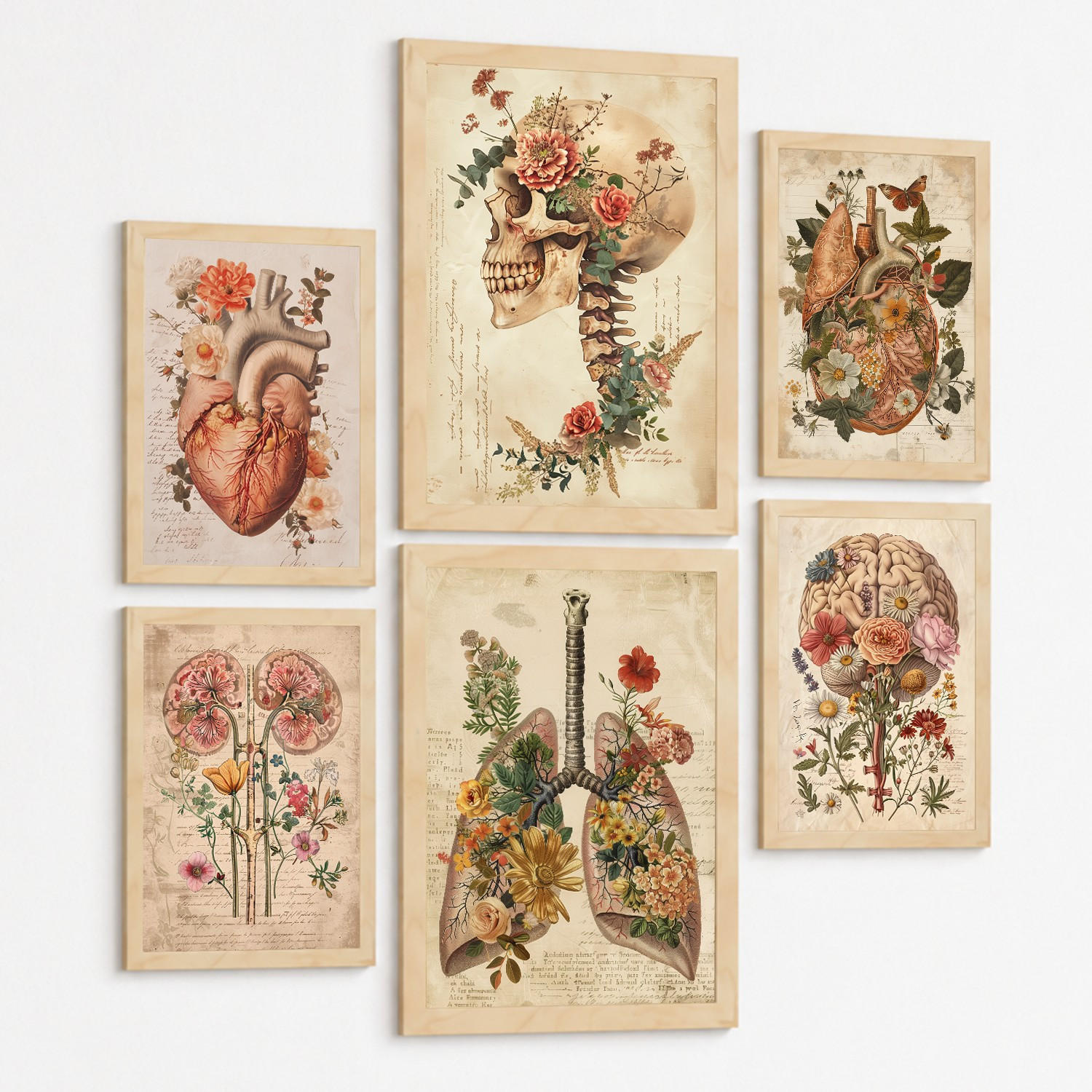 POSTER Set aus 6 Botanische Anatomie Drucke mit Herz Lungen Wirbelsäule Becken und Rippen Beige Terrakotta Erdtöne Florales Design Rahmenlos A3 & A4 - Klar, Papier (29.7/42/3cm) - Nacnic