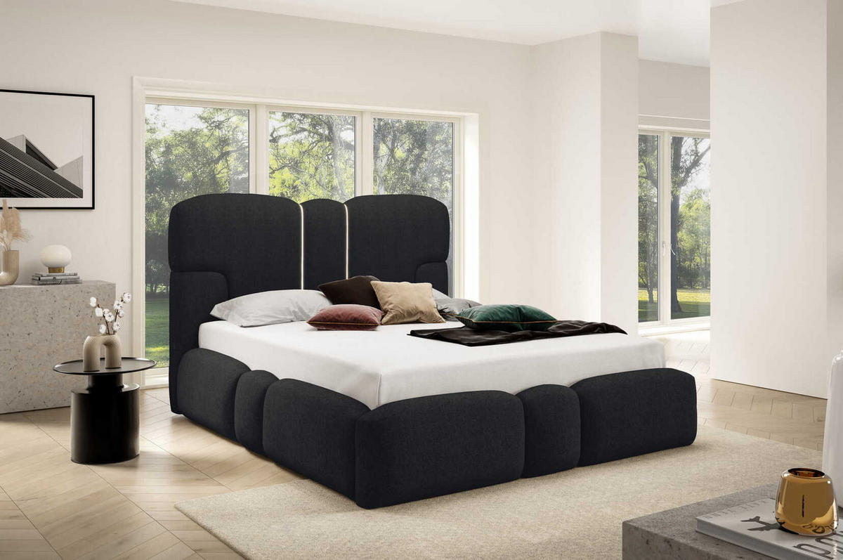 POLSTERBETT 180x200 Safron mit LED, Metall-Lattenrost, Schwarz - Schwarz, Holz/Textil (180/200cm) - Emporius