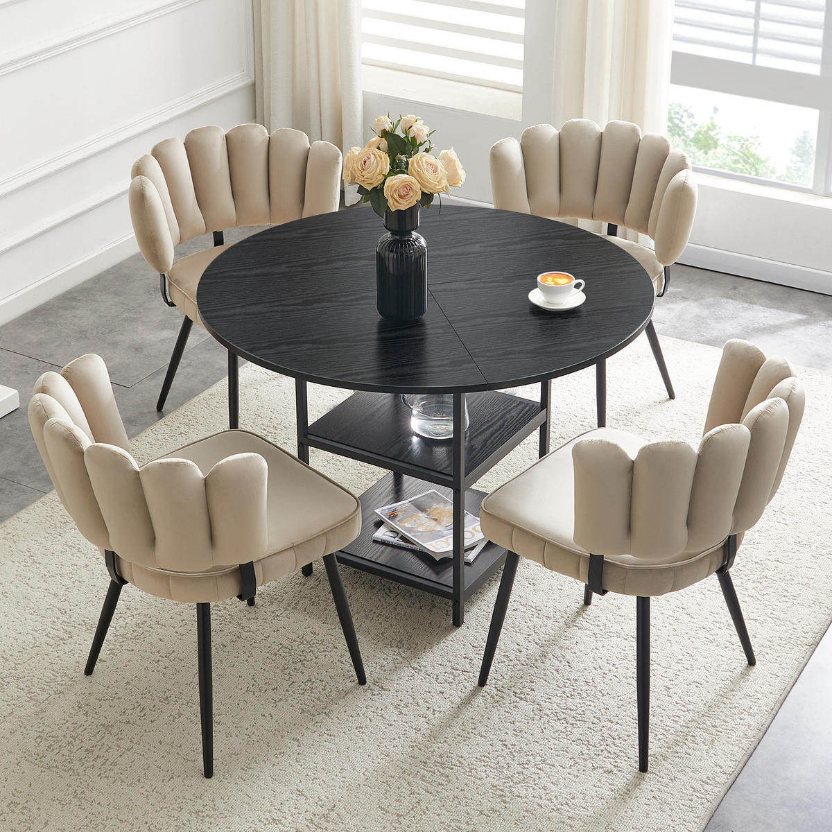 ESSGRUPPE DE-39428 5-teilig, mit doppelter Ablage und 4 Stühlen Hellbraun - Hellbraun, Metall (107/75/107cm) - ComfortXL
