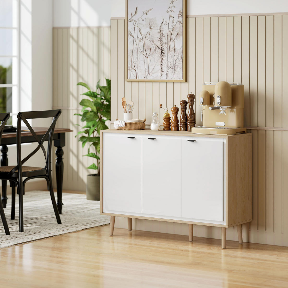 SIDEBOARD DE-11236 3 Türen & verstellbare Böden Weiß/Eiche - Weiß, Holzwerkstoff (107/77/35cm) - ComfortXL