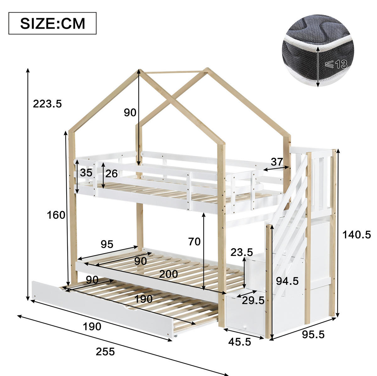 ETAGENBETT mit Ausziehbett und Schubladentreppe 90x200/90x190 cm Natur/Weiß - Weiß, Holzwerkstoff (90/200cm) - Beauniv