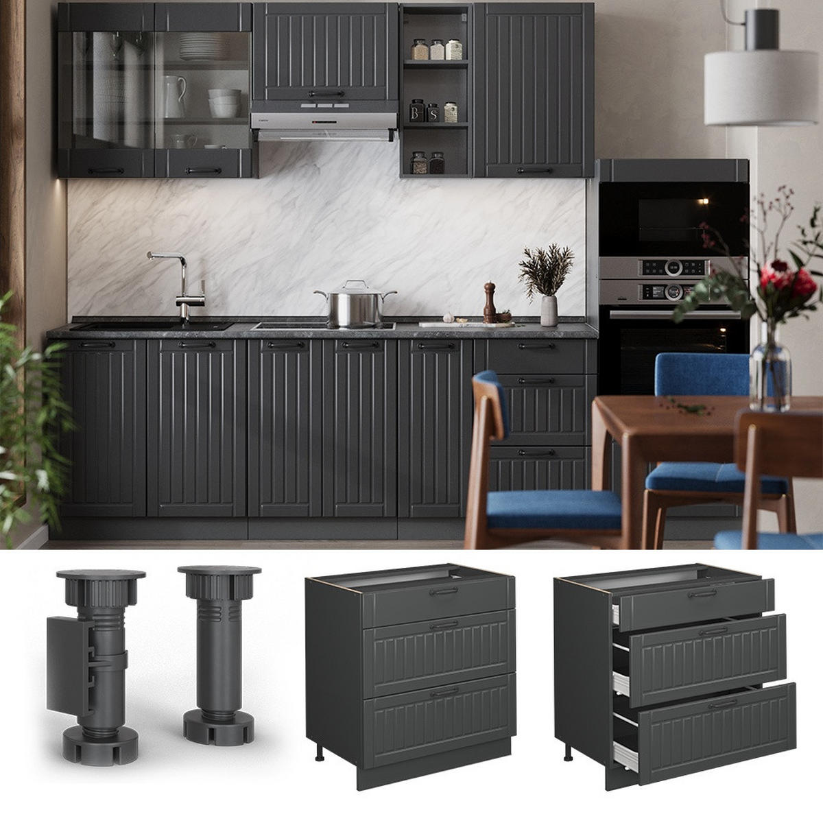 KÜCHENUNTERSCHRANK Fame-Line Dunkelgrau 80 cm mit 3 Schubladen, AP Eiche - Dunkelgrau/Anthrazit, Holzwerkstoff (80/82/60cm) - Vicco