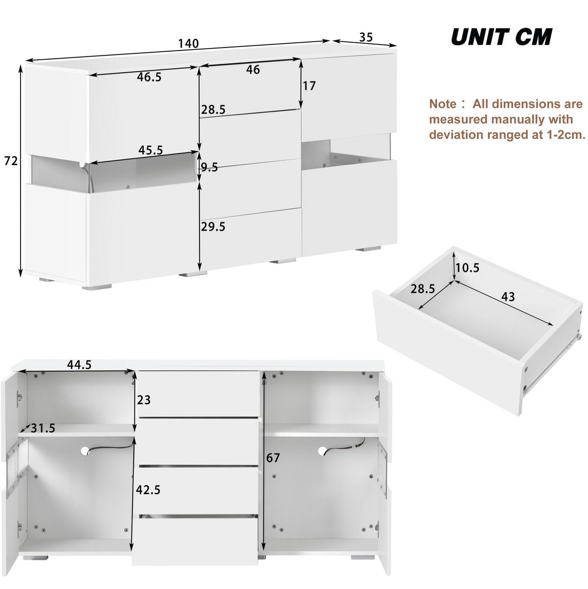 SIDEBOARD 140/35/72 cm aus MDF mit LED-Beleuchtung und 4 Schubladen Weiß - Weiß, Holzwerkstoff (145/72/35cm) - Modenvie