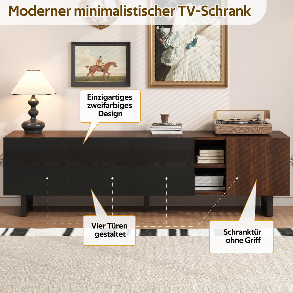 TV skrinka 180/38/50 cm, čierna a prírodná, MDF, moderná minimalistická - svetlohnedá, kompozitné drevo (180/50/38cm) - BEAOK
