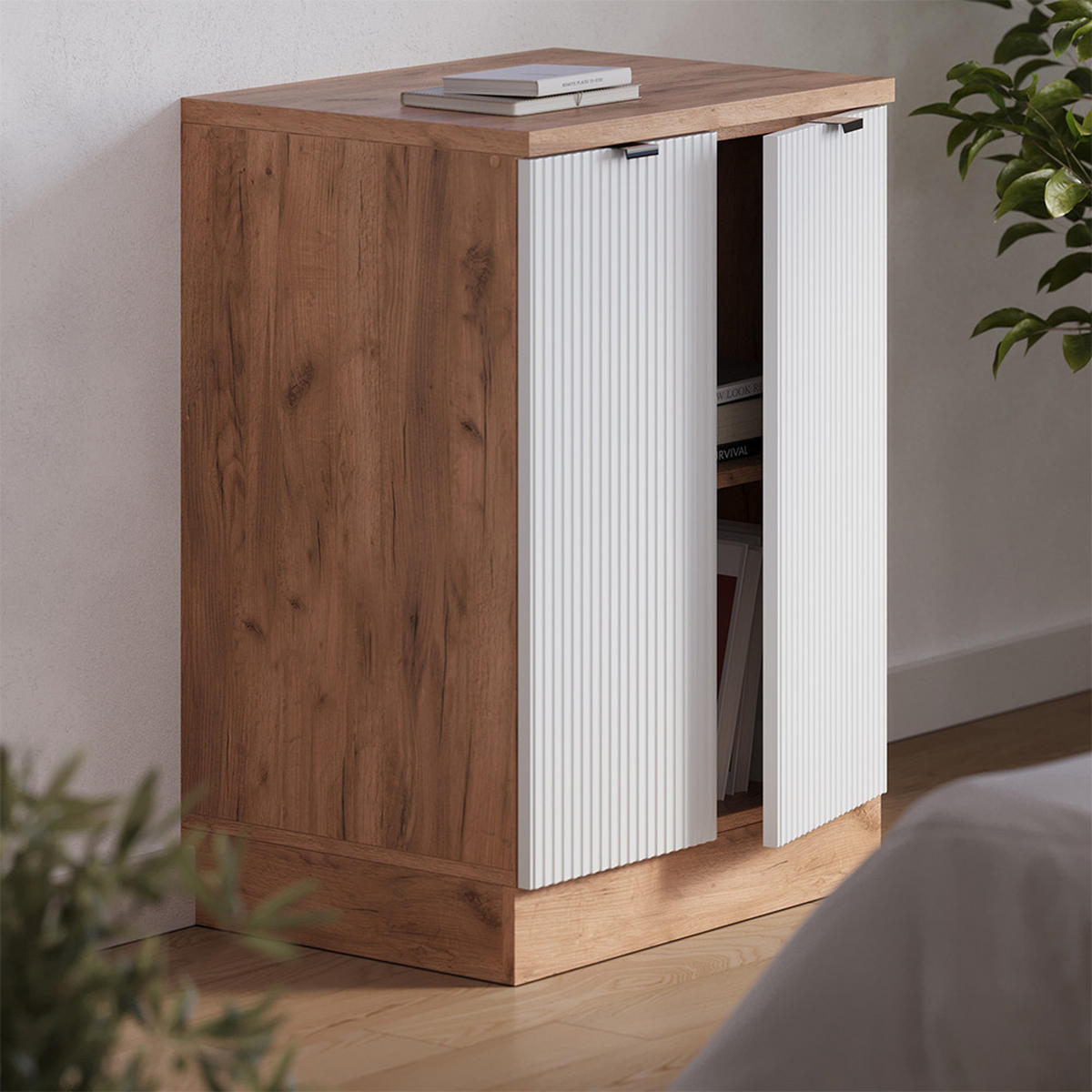 KUHINJSKA OMARA ZA POŠEVNE STREHE R-Line, Belo valovanje, 60 cm brez naklona z 2 vrati - bela/medeni hrast, leseni material (60/83.8/46cm) - Vicco