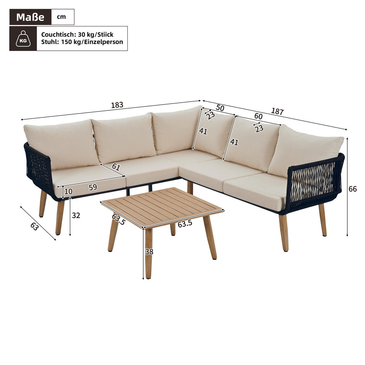GARTENSET 187x183x66cm beige aus Stahl und Olefin, wasserdicht - Beige, Metall - Modfu