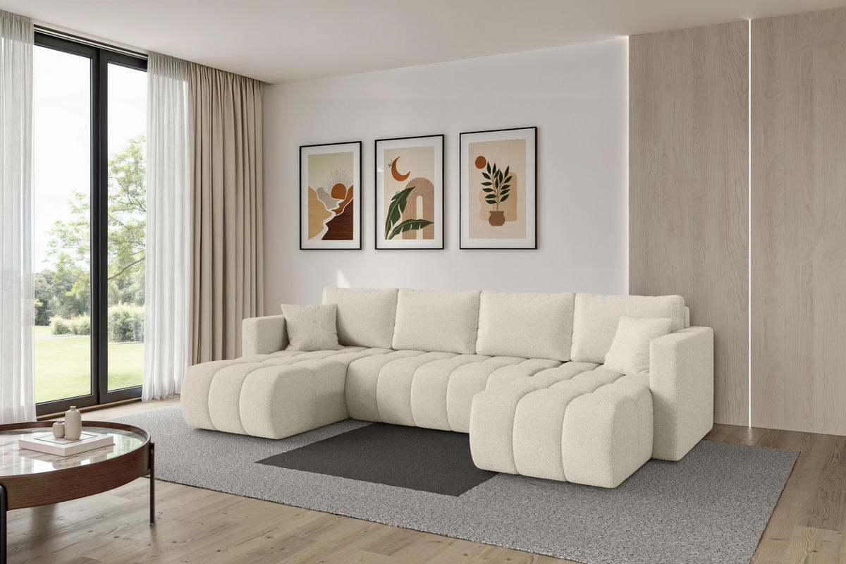 SEDACÍ SOUPRAVA DO U s funkcí spaní a úložným prostorem GARD-U 300x146x85 béžová bouclé - černá/písková barva, kompozitní dřevo/textil (300/85/146cm) - ALTDECOR
