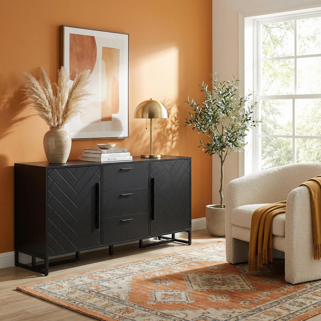 Thumbnail - Urban Meuble Sideboard, Schwarz, Holzwerkstoff, 3 Schubladen, Rechteckig, 145x75x40 cm, Wohnzimmer, Kommoden & Sideboard...