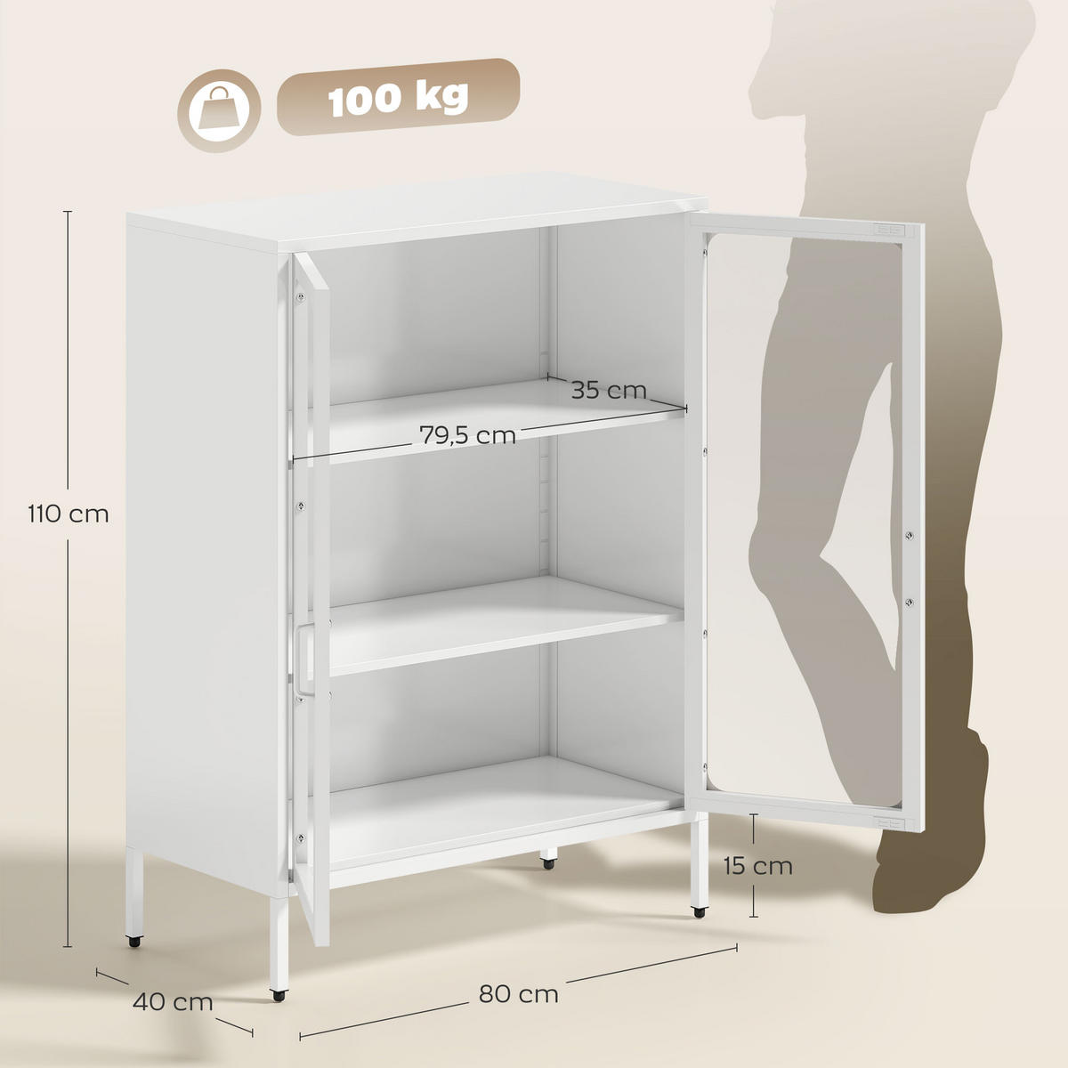 AKTENSCHRANK DE-14514 2 Glastüren mit verstellbaren Böden Weiß - Weiß, Metall (40/110/80cm) - ComfortXL