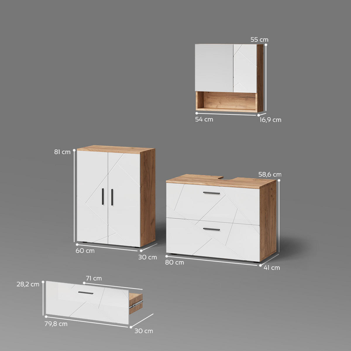BADMÖBEL-SET Ronco Weiß Hochglanz/Goldkraft Eiche 3 Teile, mit Unterschrank 80 cm - Weiß Hochglanz/Eiche Wotan, Holzwerkstoff (80/58/41cm) - Livinity®