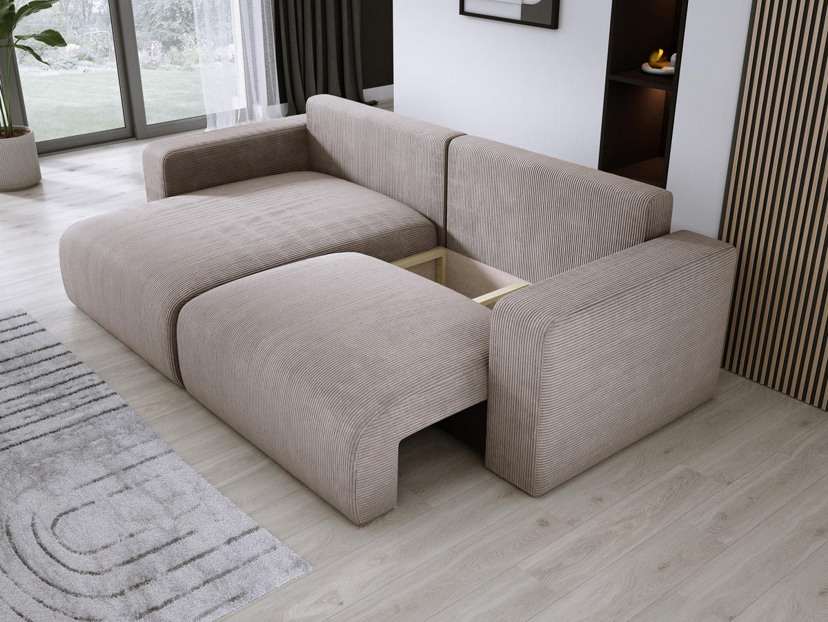 ECKSOFA Carl L-förmig Schlaffunktion und Bettkasten weicher Cordstoff flexibel stellbar lose Rückenkissen freistehend LINKS 143x247x83cm Cappuccino - Cappuccino, Holz/Textil (143/247cm) - DomoHome