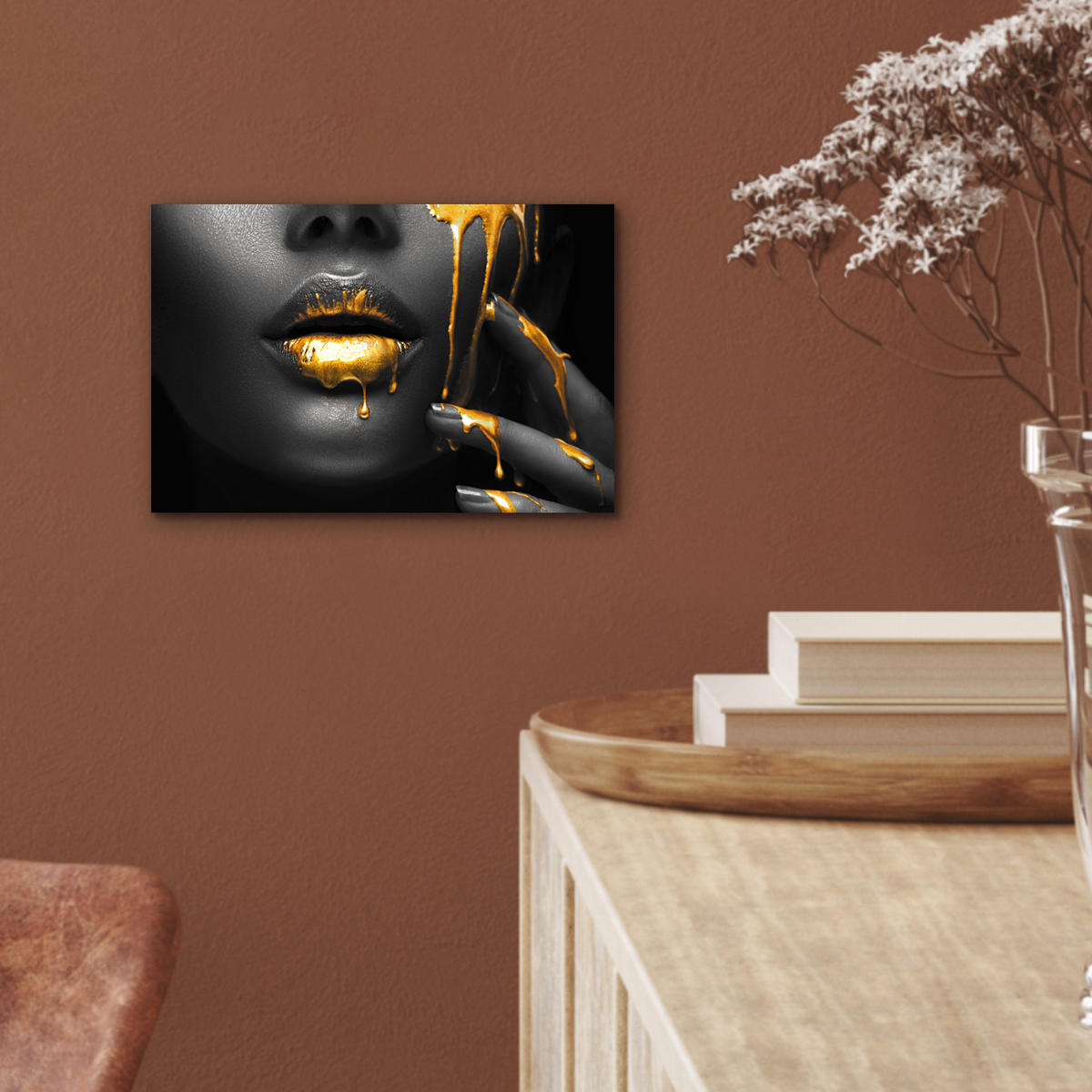METALLBILD Frau - Schwarz - Gold - Gesicht - Lippen 30x20 cm - Goldfarben, Metall (30/20cm) - MuchoWow