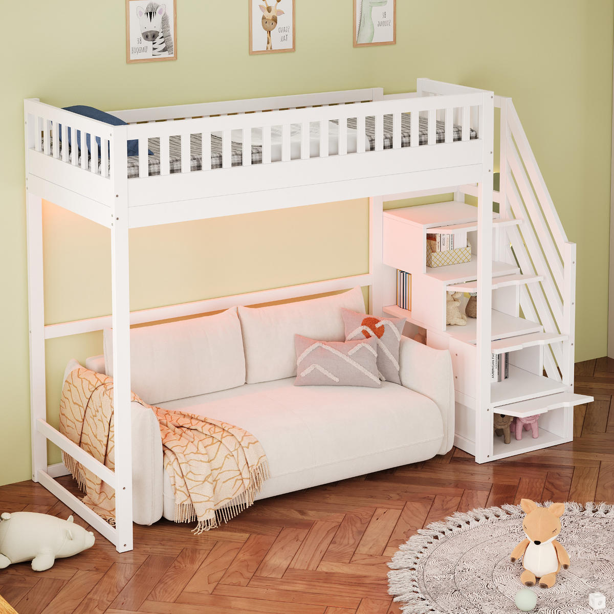 HOCHBETT 90/200 cm in Weiß mit Stauraumtreppe und LED - Weiß, Holz/Holzwerkstoff (90/200cm) - WISHDOR