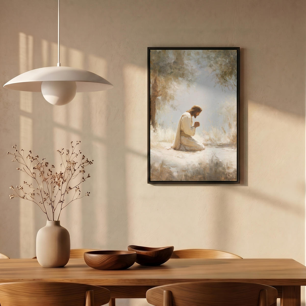 LEINWAND Bilder mit Rahmen - Jesus - Kniend - Waldlandschaft - Betend - 40x60 - Beige, Textil (40/60cm) - MuchoWow