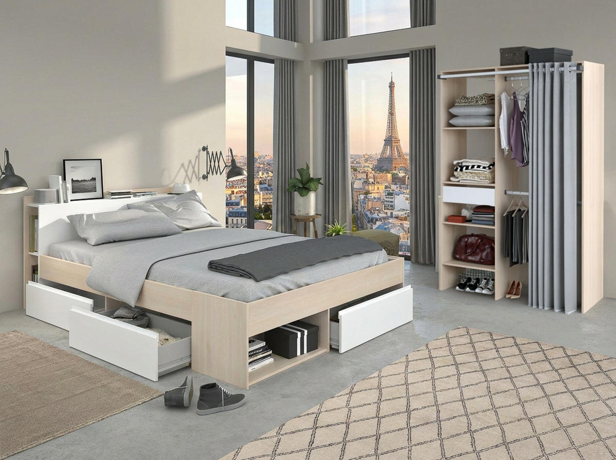 JUGEND-SCHLAFZIMMER Akazie, weiß, Komplettset mit Stauraumbett (160 x 200 cm) und Kleiderschrank - Weiß/Akaziefarben, Holzwerkstoff (170/182/220cm) - Parisot Meuble