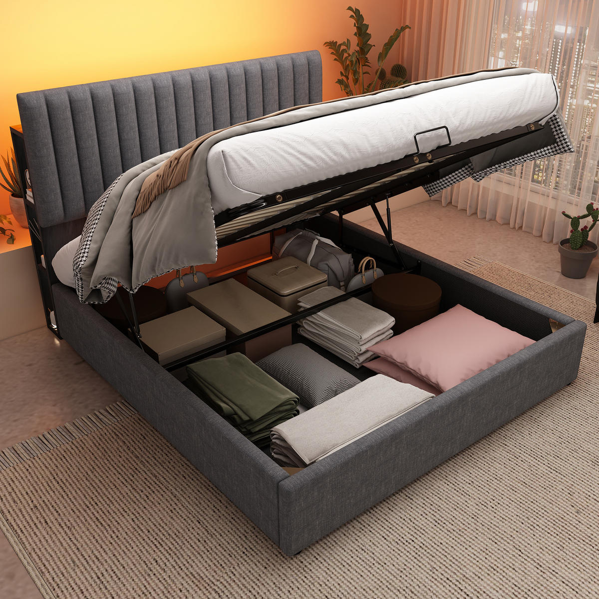 POLSTERBETT 160/200 cm aus Leinen mit LED-Kopfteil, USB- und Type-C-Anschluss, Bettkasten und verstellbarem Kopfteil, Grau - Grau, Textil (160/200cm) - Redom