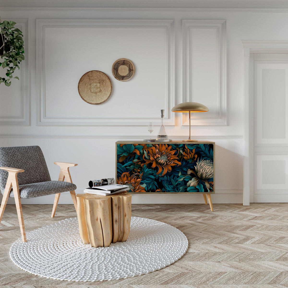 SIDEBOARD MORNING BLOOM, Eicheneffekt, 111x42x77,5 cm, 2 Türen - Eichefarben/Buchefarben, Holzwerkstoff/Buchenholz (111/77.5/42cm) - SpaceRebels