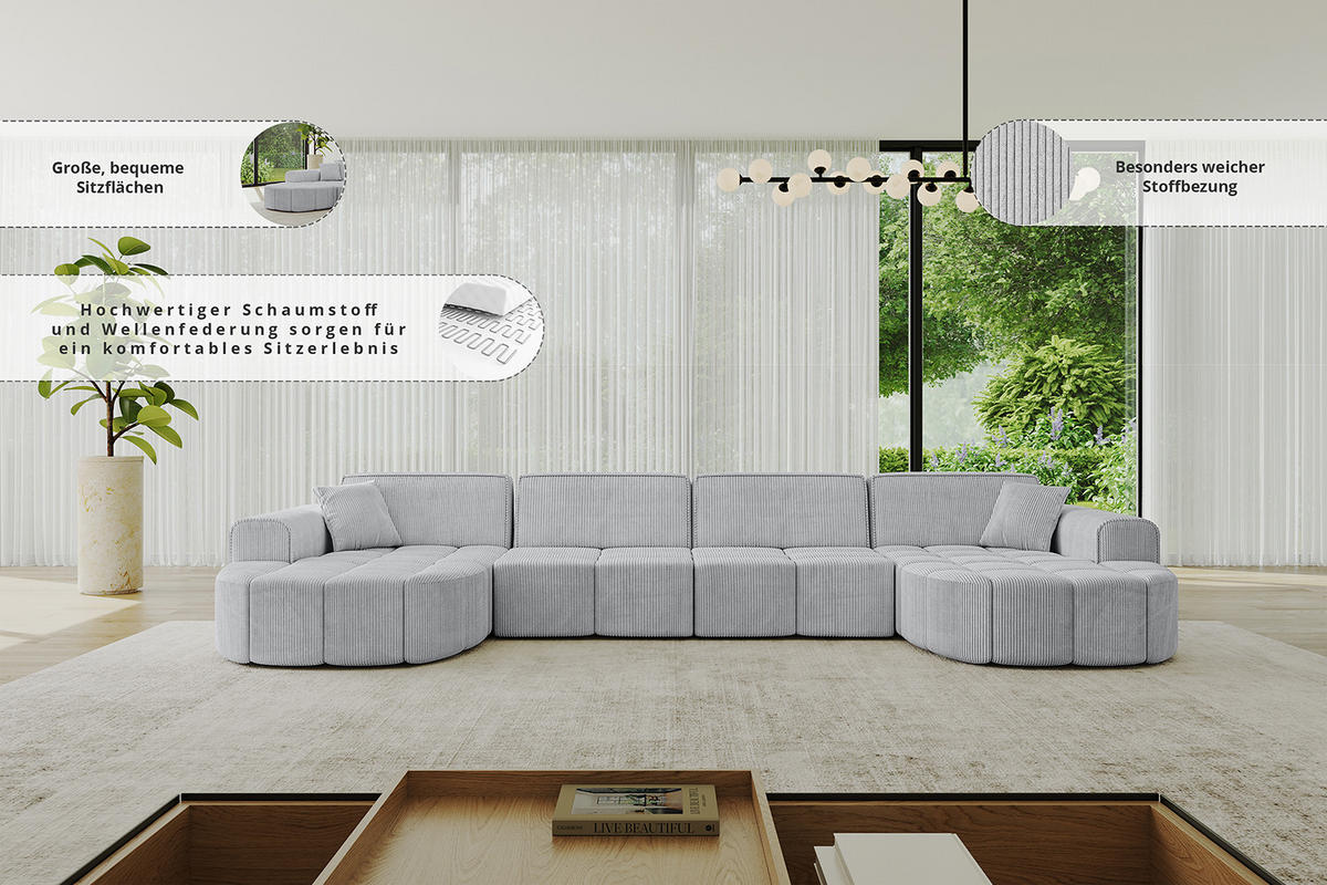WOHNLANDSCHAFT LIVO-U2 - 400x173x79,5 cm Grau - Grau, Holzwerkstoff/Textil (400/79/173cm) - ALTDECOR