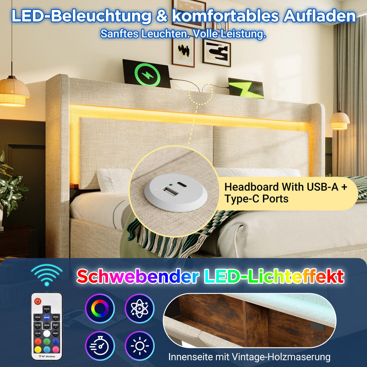POLSTERBETT 180/200 cm mit LED, USB/USB-C, hydraulischem Stauraum und Schublade, Leinen, Beige - Beige, Textil (180/200cm) - Redom