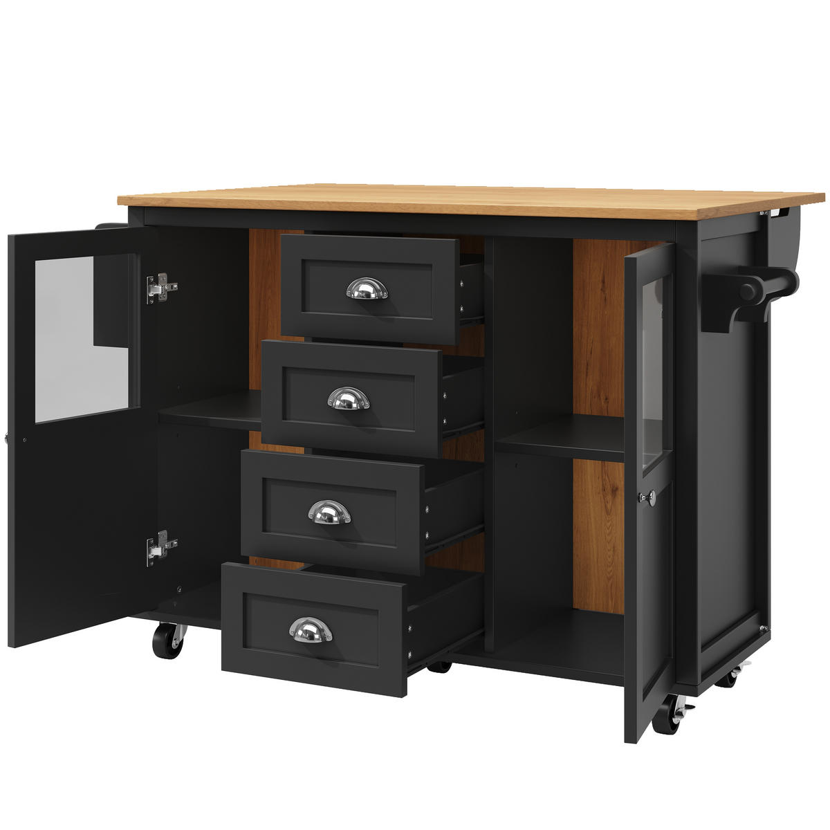 KÜCHENINSEL 137.9x73x92.5cm Schwarz mit Doppeltüren & 4 Rollen - Schwarz, Holzwerkstoff (137.9/92.5/73cm) - Modfu