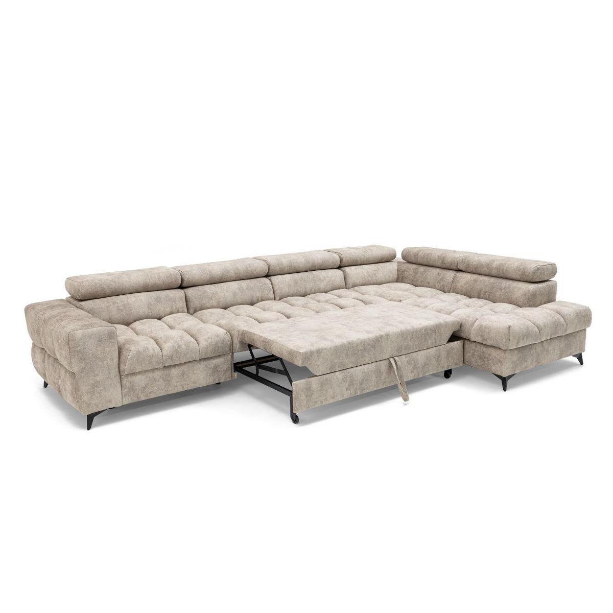 ECKSOFA PUDDING MAXI L Rechts mit Schlaffunktion 125x195 Velours Beige - Beige/Schwarz, Holz/Textil (203/350cm) - Muffo