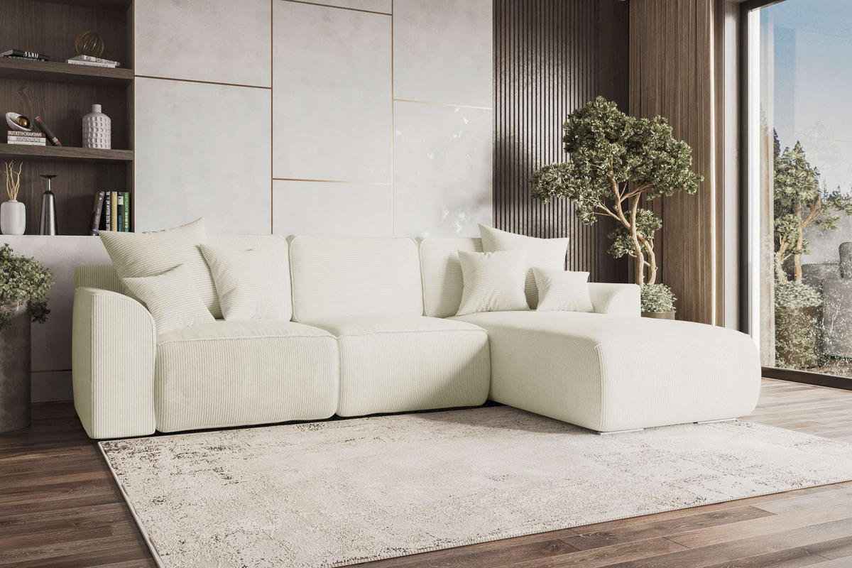 ECKSOFA GUSTO Cordstoff Creme Rechts inkl. Schlaffunktion - Chromfarben/Creme, Kunststoff/Textil (295/194cm) - 99rooms