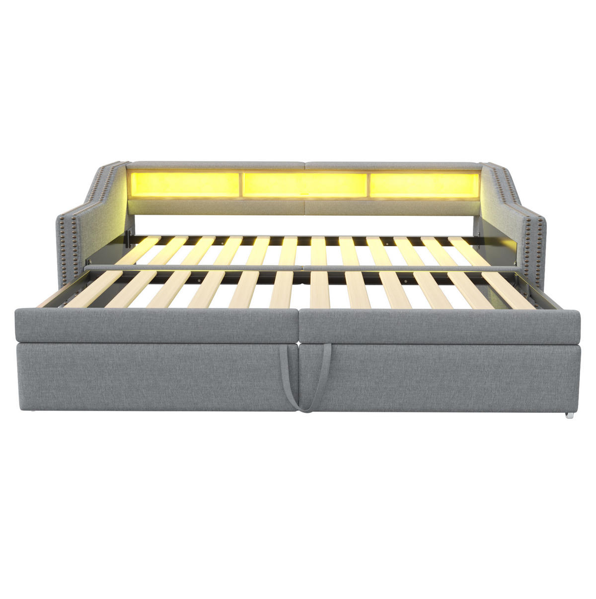 MULTIFUNKTIONSBETT 90/200 cm und 180/200 cm Hellgrau mit Ausziehbarem Schlafsofa und LED-Beleuchtung Mit Matratze - Hellgrau, Textil (90/200cm) - OKWISH