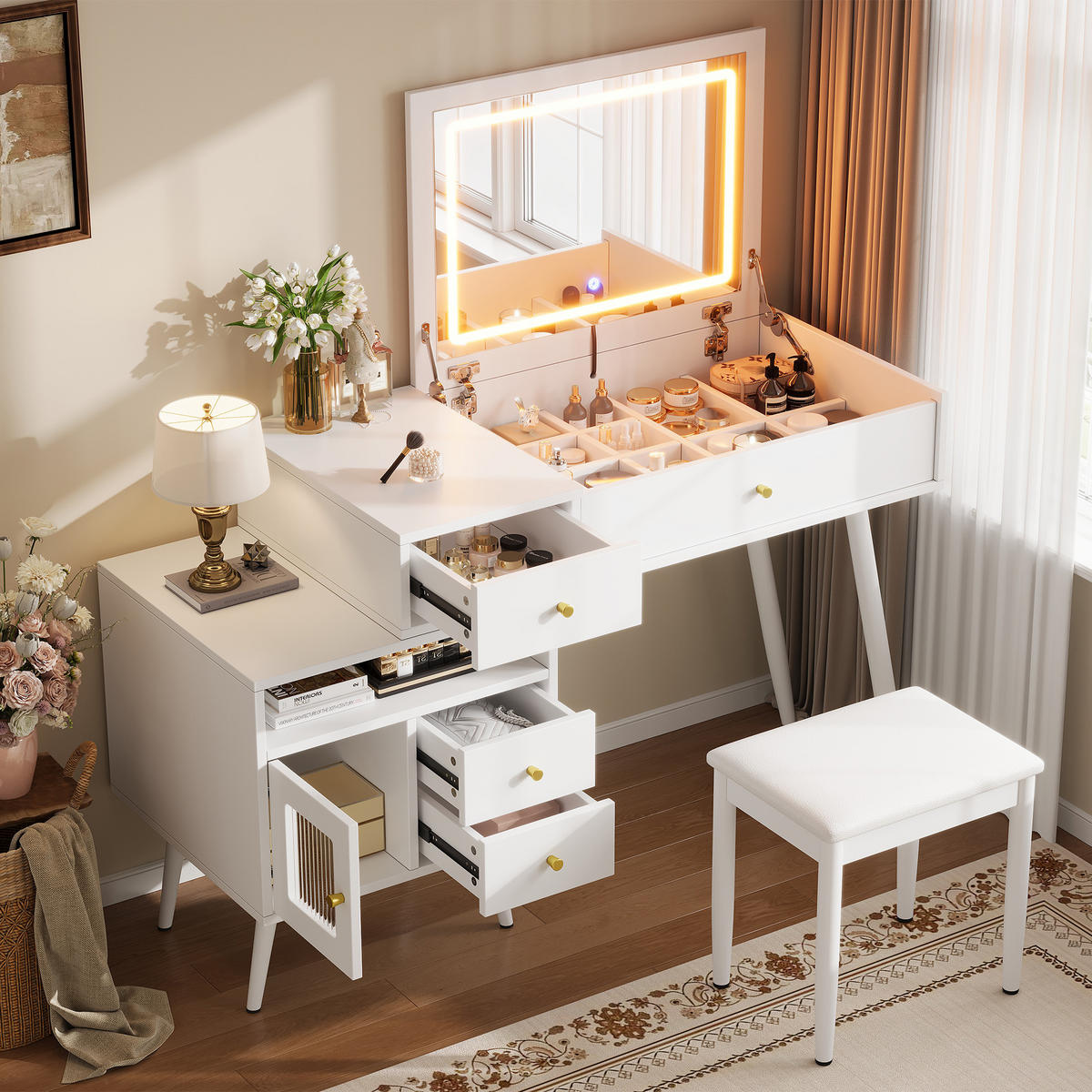 SCHMINKTISCH Set mit Hocker LED Spiegel Metallgriffe Modern - Weiß, Holzwerkstoff (120/77.5/50cm) - FLIEKS