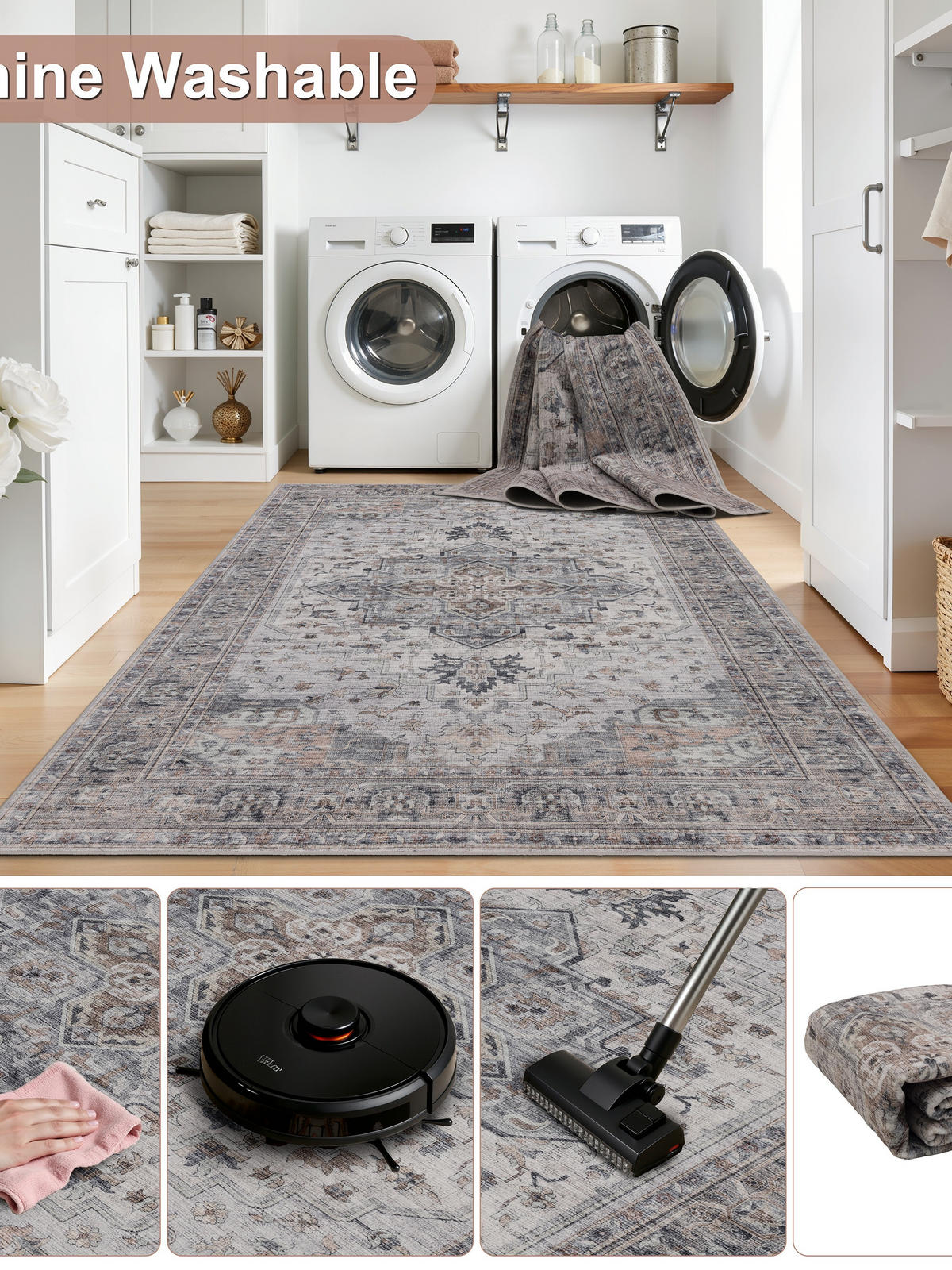 TEPPICH Kurzflor, waschbar, mit Medaillon, VERNANTE in Beige-Grau, 200 x 290 cm - Beige, Textil (200/290cm) - KADIMA DESIGN