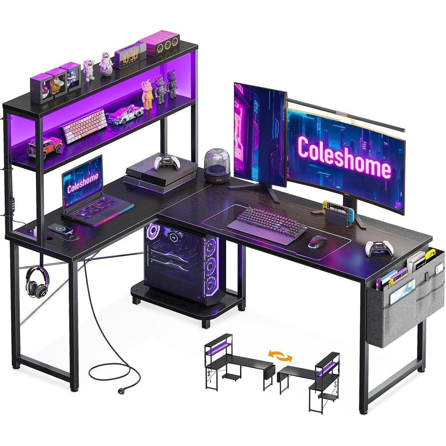 SCHREIBTISCH L-Form mit LED und Steckdosen 135 x 100 cm Schwarz - Schwarz, Holzwerkstoff (80/110/75.6cm)