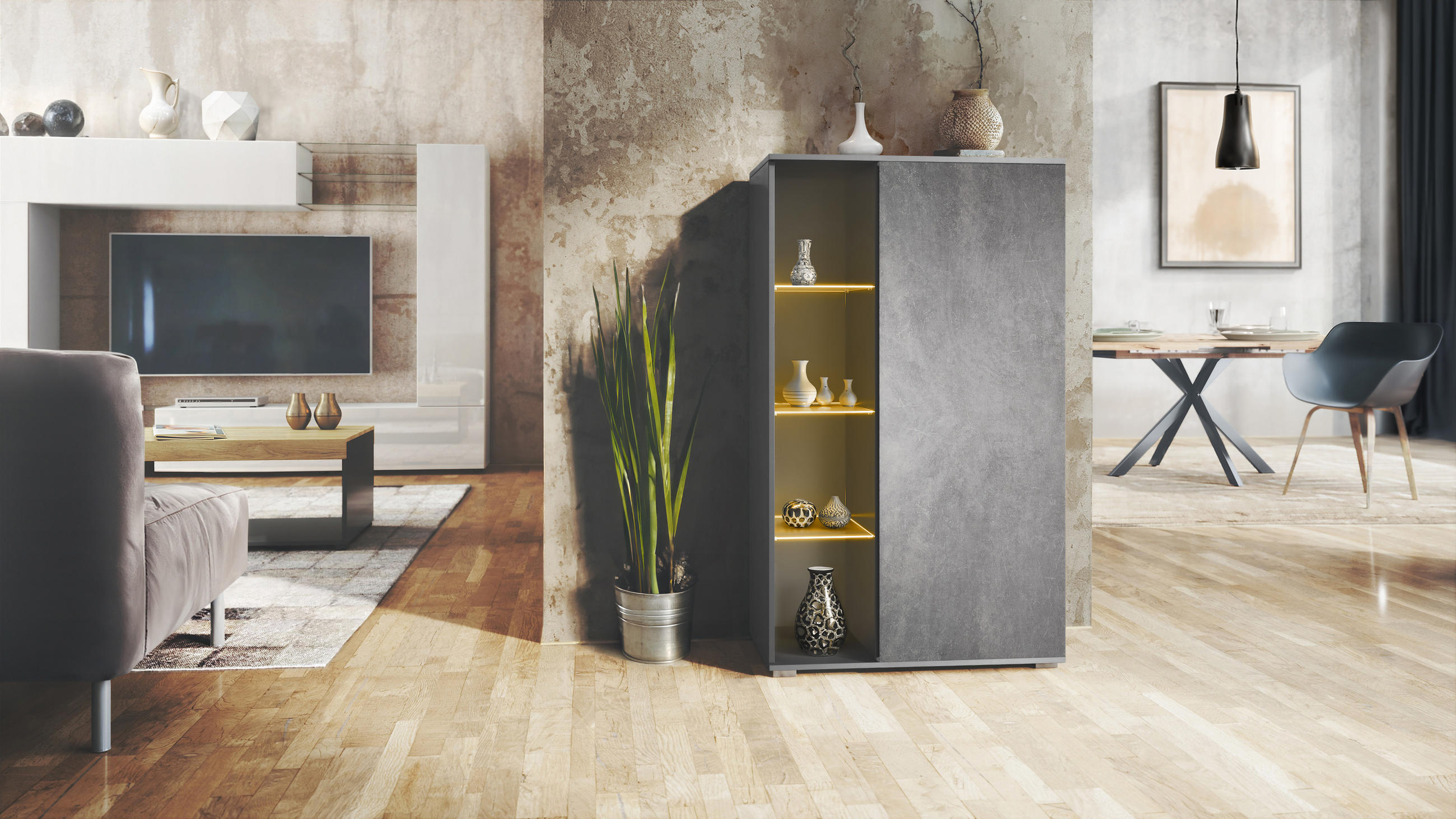 VITRINE Davos Steingrau - Schieferfarben, Holzwerkstoff (71.5/134/35cm) - Vladon