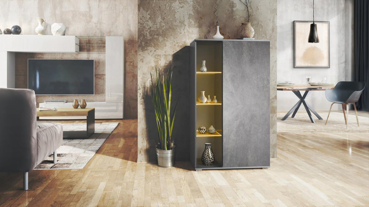 VITRINE Davos Steingrau - Schieferfarben, Holzwerkstoff (71.5/134/35cm) - Vladon