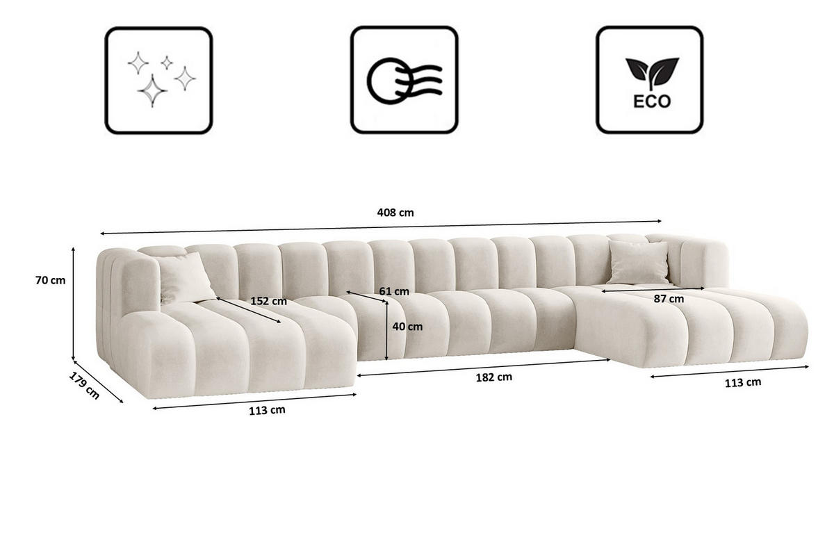 ECKSOFA, U-from, Sofa Grand U XL modular stoff Salvador Hellgrau - Ecru, Holz (179/408cm) - Kaiser Möbel