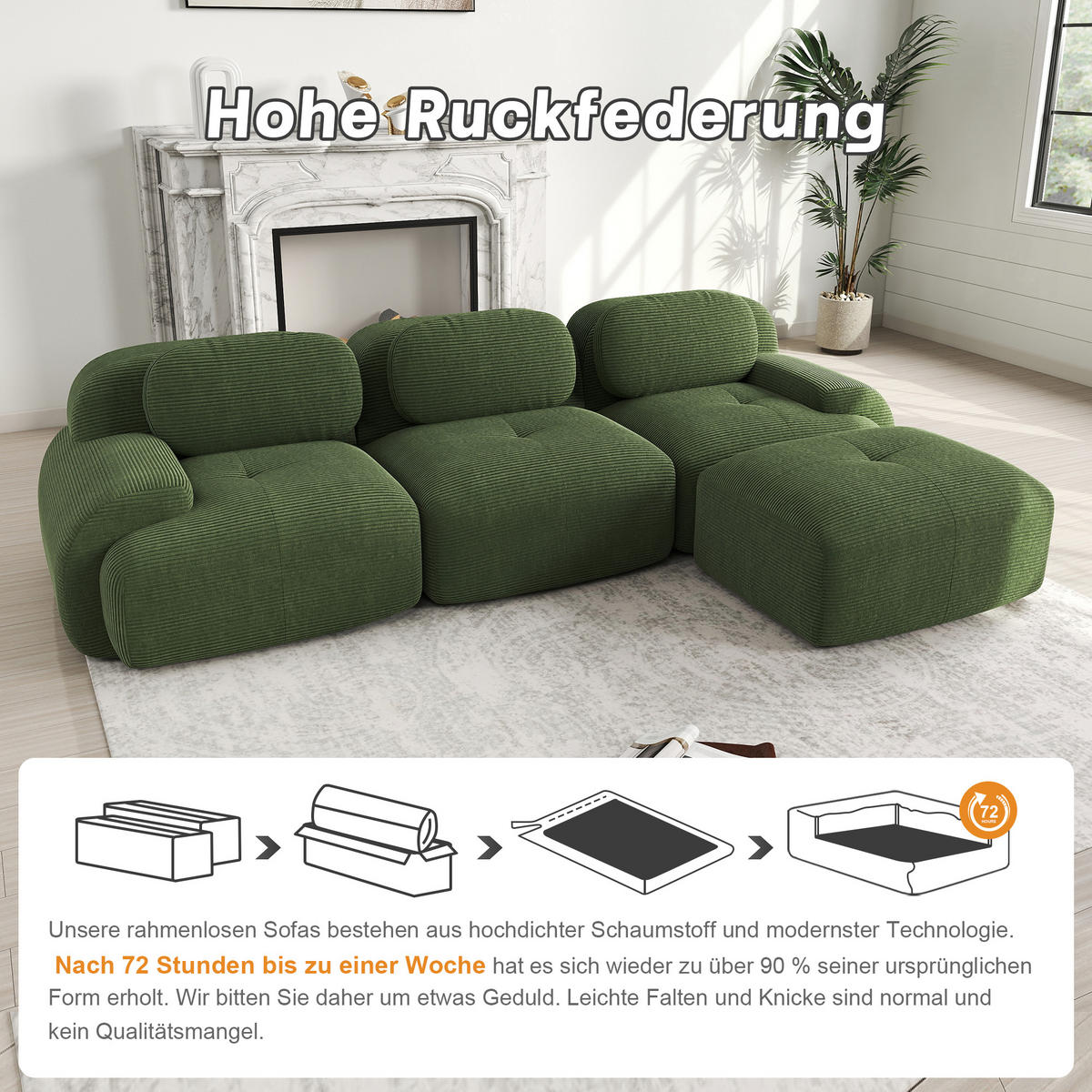 ECKSOFA 298/178/70 cm Grün Cord mit extra-breiten Armlehnen - Grün, Textil (298/178cm) - Oxeza