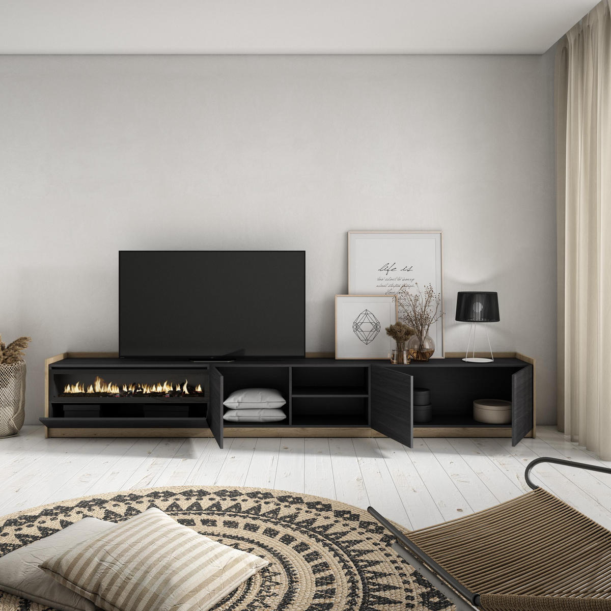 TV-SCHRANK, Lowboard, Schwarz Eiche, Elektrokamin, 310/37/50cm - Schwarz, Holzwerkstoff (310/50/37cm) - Skraut Home