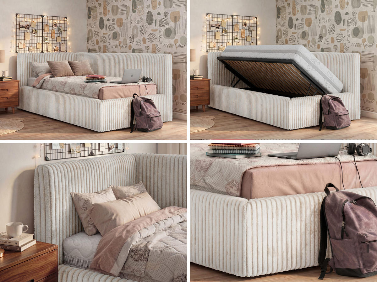 POLSTERBETT TILVO 90/200 - Beige Cord - Taschenfederkernmatratze - Links - Beige, Textil (90/200cm) - MKS