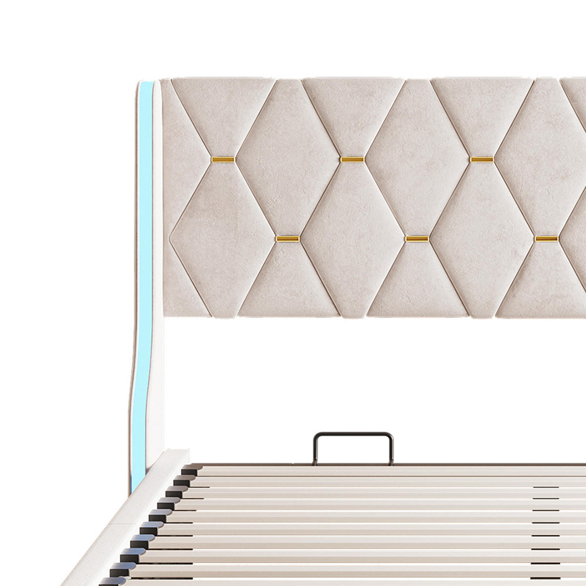 POLSTERBETT 140x200 cm mit LED, Doppelbett 140x200 cm mit Bettkasten, Lattenrost, Bett 140x200, Beige samt - Beige, Holzwerkstoff/Textil (140/200cm) - GENKI LIVING