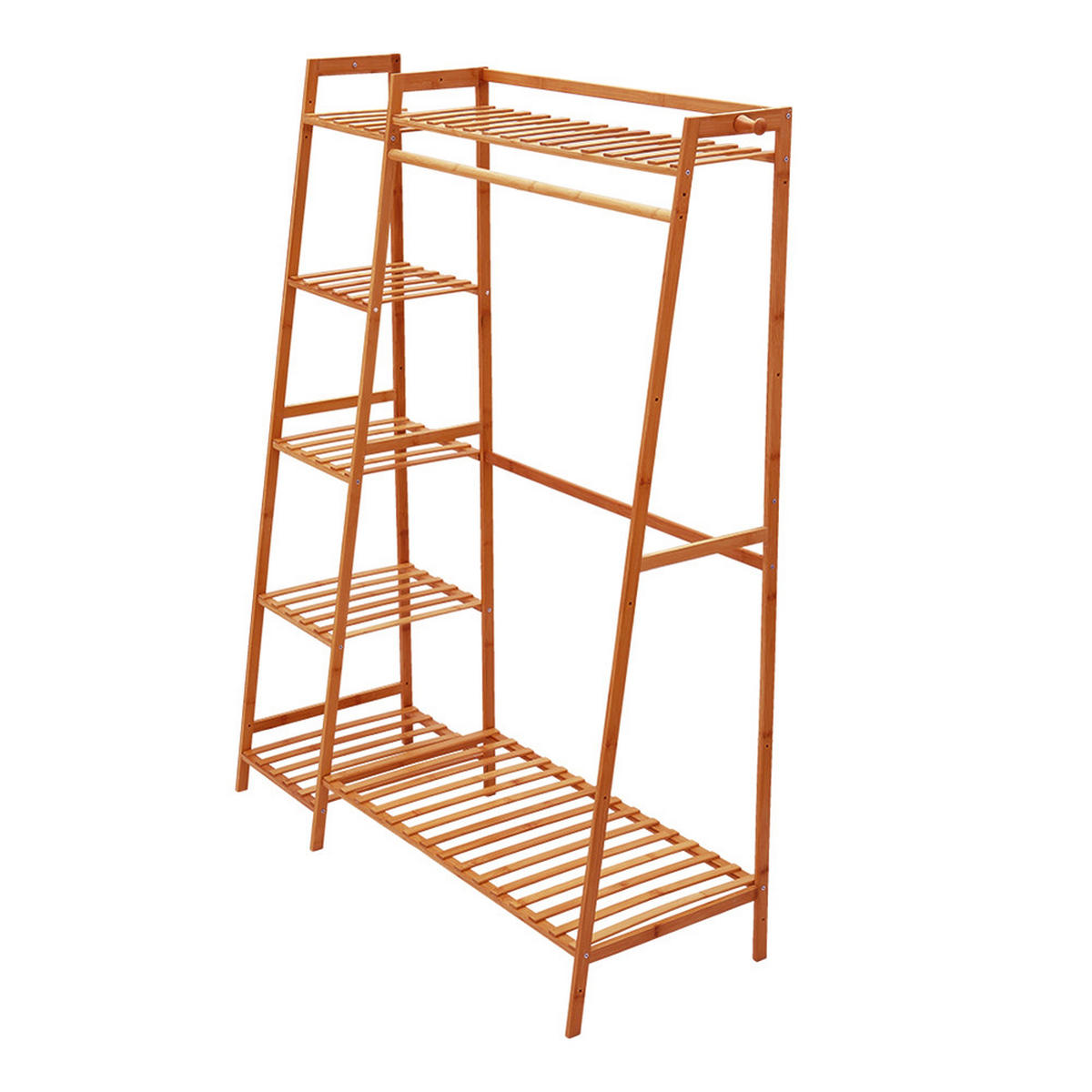 GARDEROBENSTÄNDER 7-Ablagefächer Kleiderstange Haken Freistehend aus Bambus in Braun 110/40/140 cm - Braun, Holz (110/140/40cm) - Livingandhome