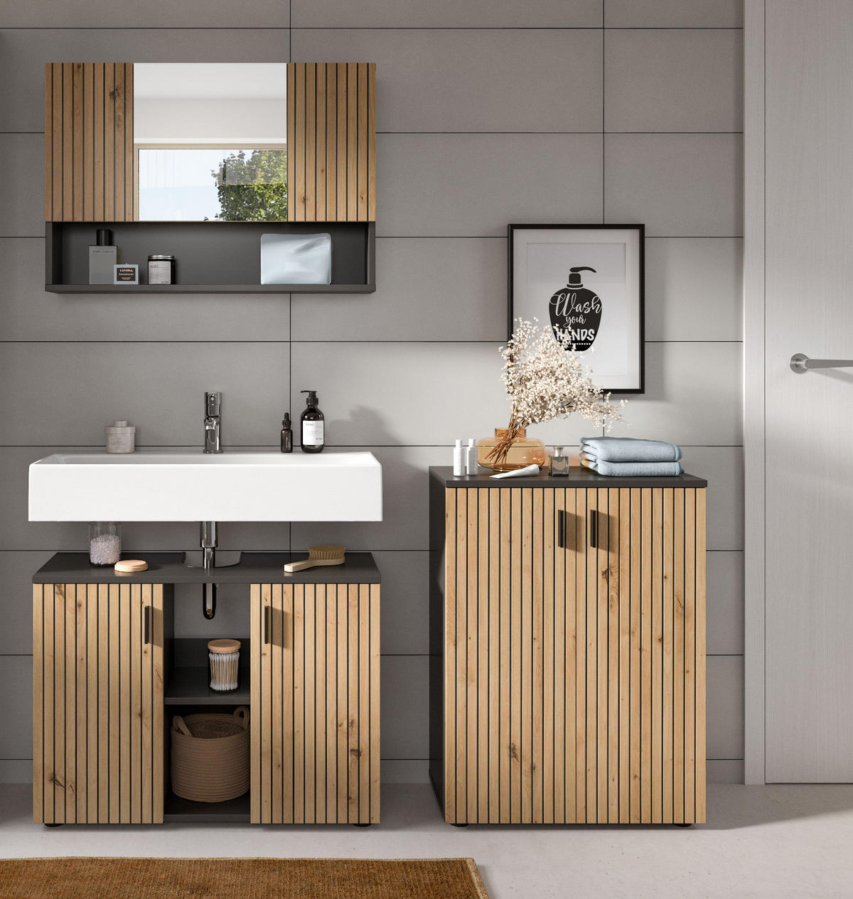 SPIEGELSCHRANK Eiche Artisan, grau 80 x 55 cm, Badschrank 3-türig - Eiche Artisan, Glas/Holzwerkstoff (80/55/17cm) - Inn.Furn