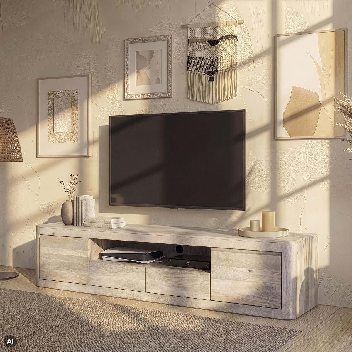 TV-BOARD Mango 200x45x50 weiß lackiert TORONTO #351 - Weiß, Holz (200/50/45cm) - Massivmoebel24