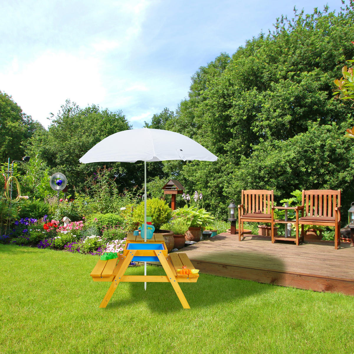 SITZGRUPPE Natur Holz Kinder mit Sonnenschirm - Hellbraun, Holz/Kunststoff - Relaxdays