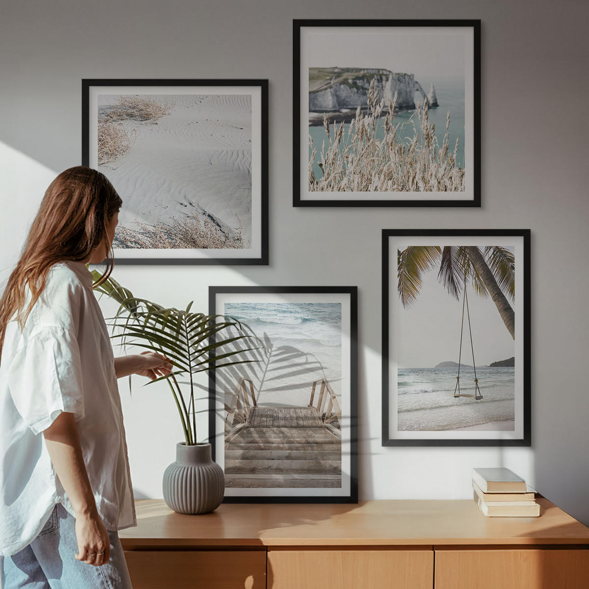 WANDBILDER 4er-Set - 50x50 cm & 40x60 cm Schwarzer Rahmen - Strandtreppe Schaukel Meer - Schwarz, Kunststoff (50/50cm) - ArtPrintCave