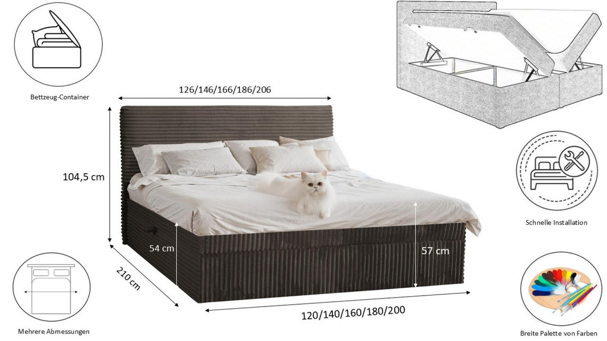 BOXBETT Bettkasten Und Topper TRENTO Ohne Bein Stoff Plüsch Cord 120x200 cm Braun H2-Pocket - Braun, Holz/Textil (120/200cm) - Kaiser Möbel
