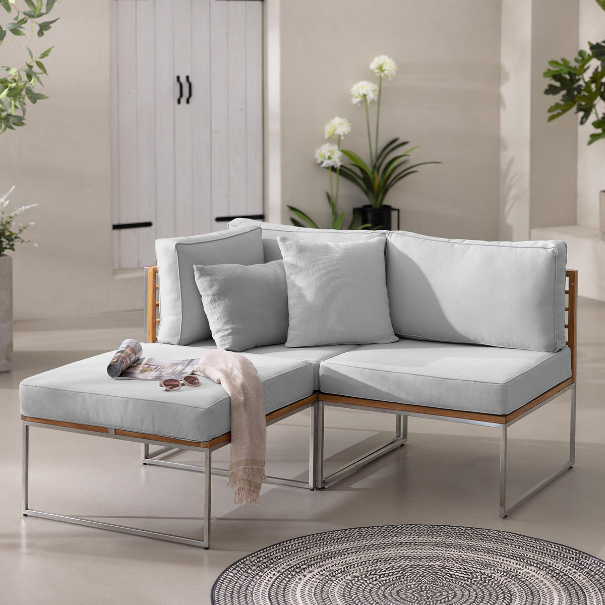 LOUNGESET - 3-teilig - Webstoff / Teak massiv - Hellgrau, Holz/Textil - home24