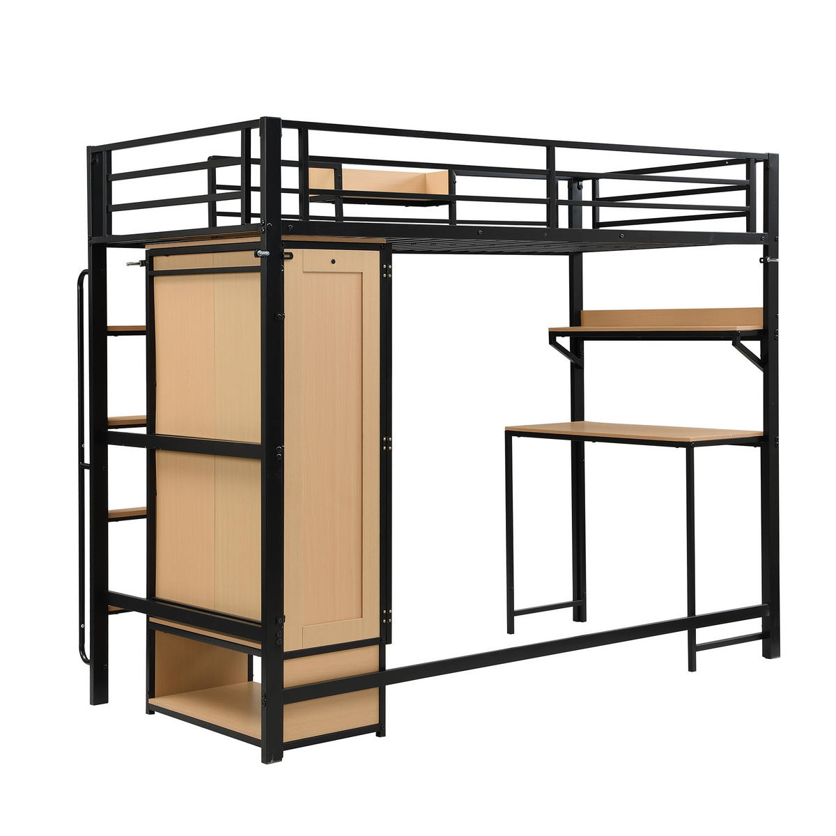 HOCHBETT 90/200 cm DE-02329, in Schwarz, mit Doppeltür-Kleiderschrank, Schreibtisch und Treppe - Schwarz, Holzwerkstoff/Metall (90/200cm) - ComfortXL