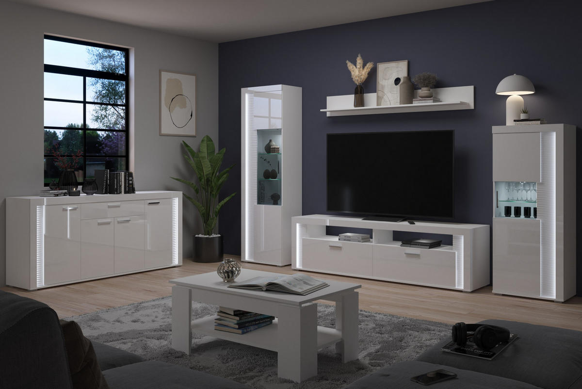WOHNWAND weiß Hochglanz 330 cm, Soft-Close-Funktion, inkl. Beleuchtung - Weiß Hochglanz/Silberfarben, Glas/Holzwerkstoff (332/202/42cm) - Inn.Furn