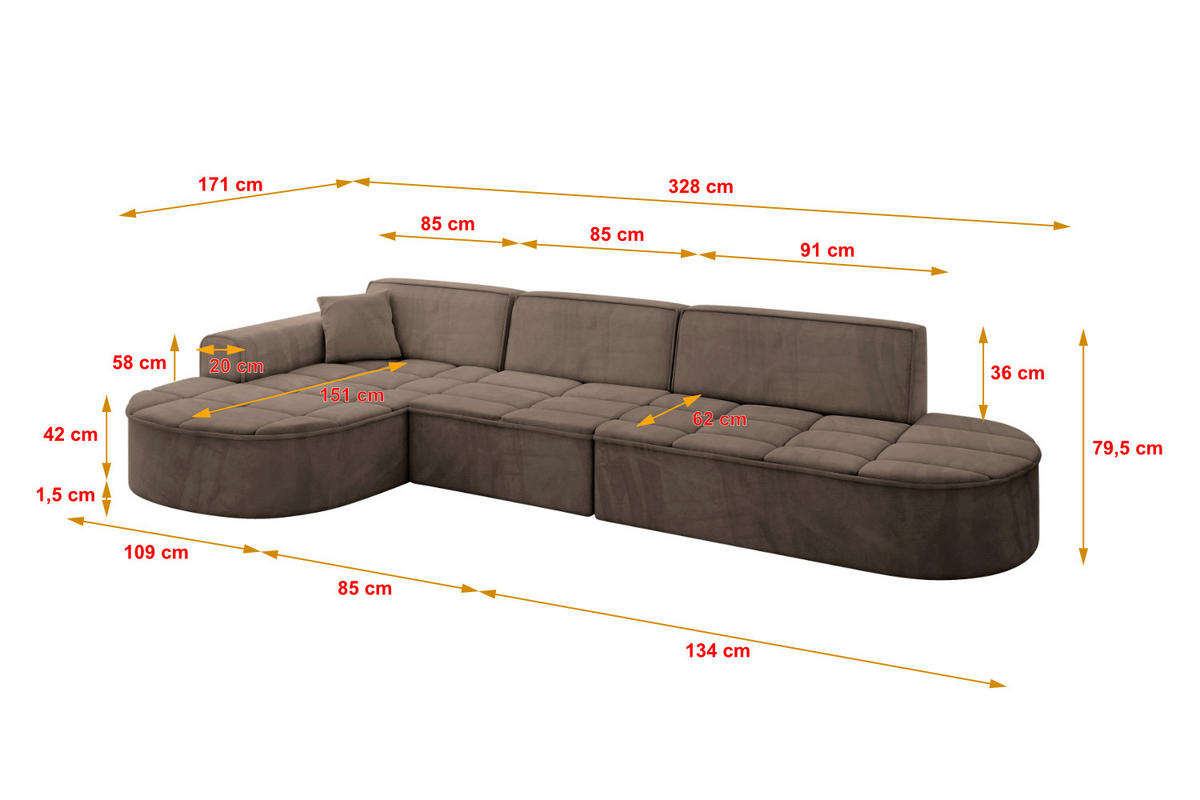 ECKSOFA Ottomane Links TARO-L2 - 328x171x79,5 cm Braun - Braun, Holzwerkstoff/Textil (328/171cm) - ALTDECOR